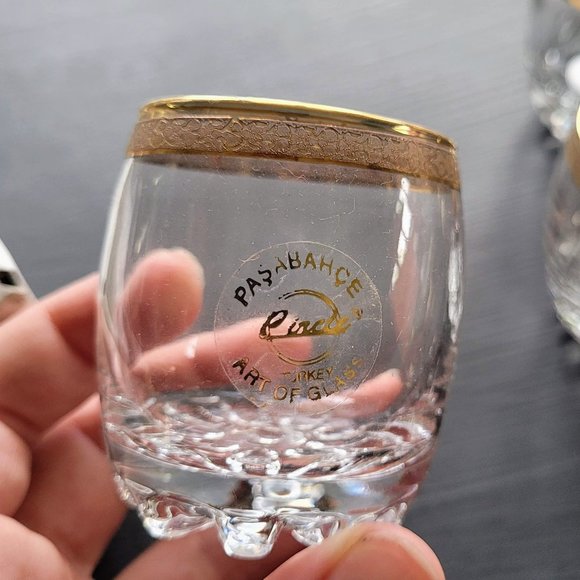 Vintage Pasabahce Gold Rimmed Roly Poly Low Ball Liquor Glasses Set Of 5 - Picture 12 of 13